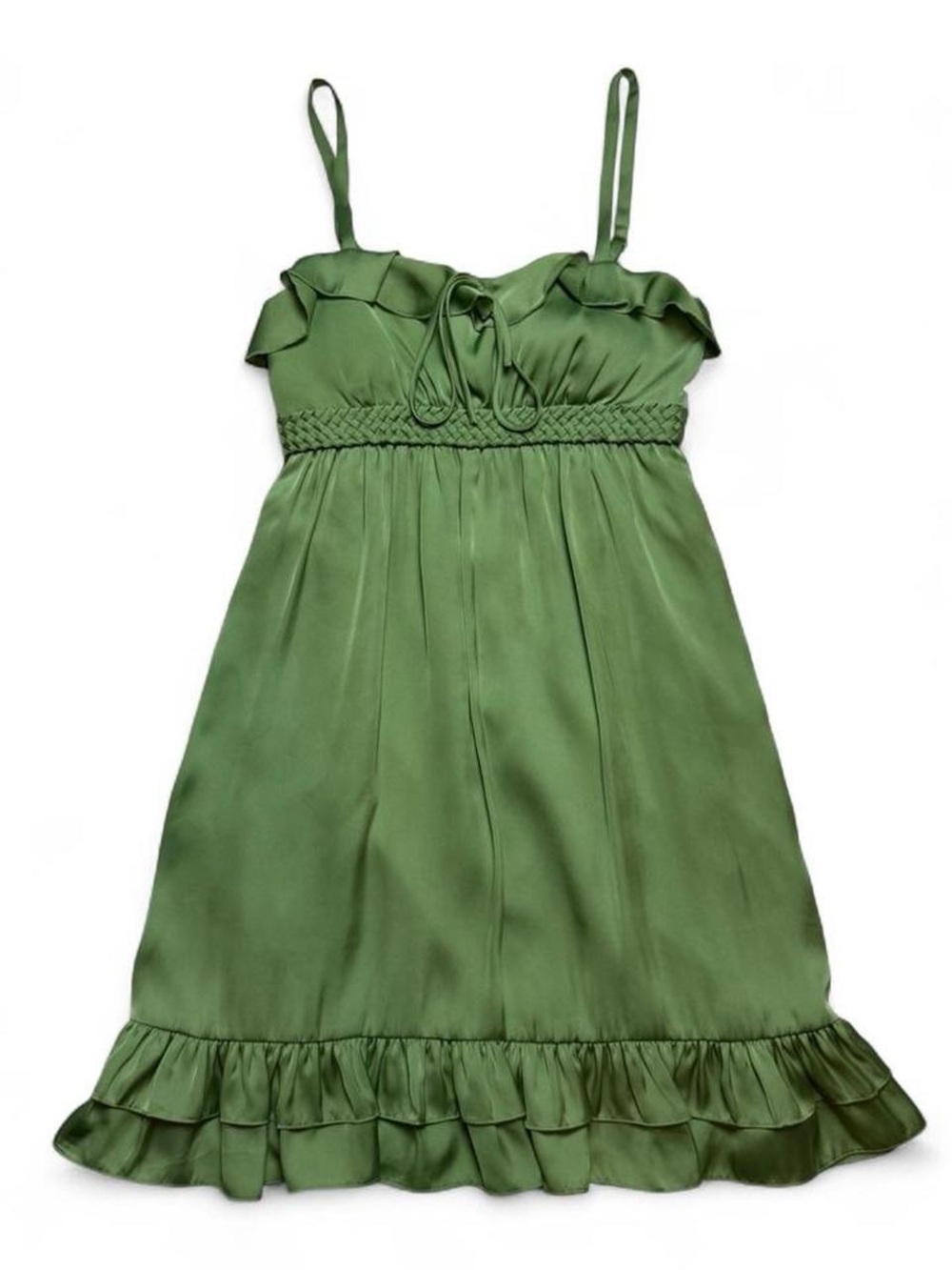 BCBG Paris Green Satin Ruffle Babydoll Dress Womens Size 4